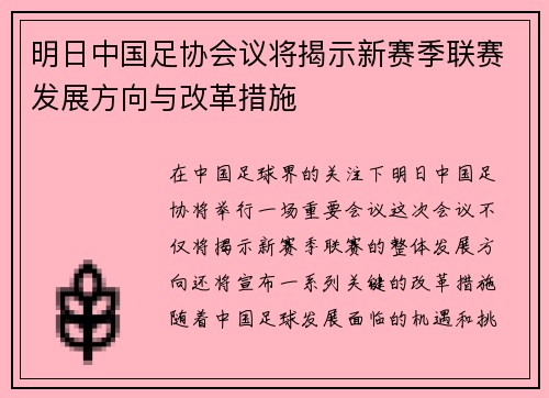 明日中国足协会议将揭示新赛季联赛发展方向与改革措施