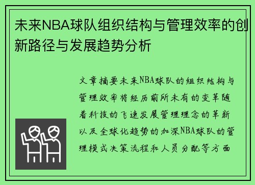 未来NBA球队组织结构与管理效率的创新路径与发展趋势分析
