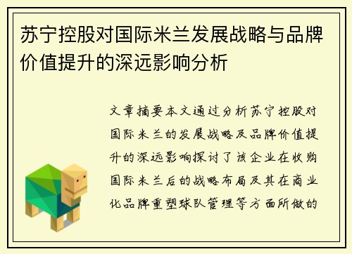 苏宁控股对国际米兰发展战略与品牌价值提升的深远影响分析