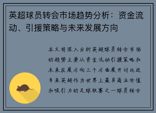 英超球员转会市场趋势分析:资金流动、引援策略与未来发展方向 英超球员转会市场趋势分析:资金流动、引援策略与未来发展方向
