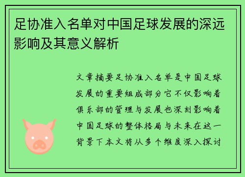 足协准入名单对中国足球发展的深远影响及其意义解析