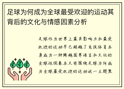 足球为何成为全球最受欢迎的运动其背后的文化与情感因素分析